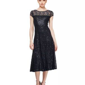 SL Fashions Petite Sequined Lace Cap-Sleeve Dress, Black Sz 16P a639206